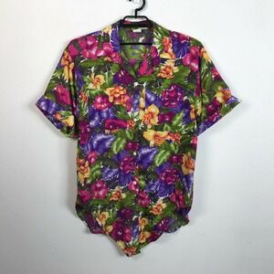 Vintage 80s A.S. Elliot Hawaiian Shirt Size 16W Multicolor Floral Tie Front